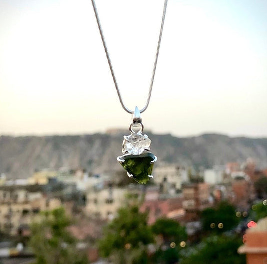 925 Sterling Silver Natural Czech Moldavite and Herkimer Diamond Gemstone Minimalist Pendant Jewelry