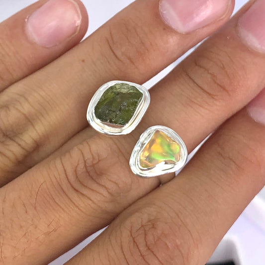 Czech Republic Raw Rough Moldavite Ring 925 Sterling Silver Moldavite and Opal Gemstone Ring Gift For Her