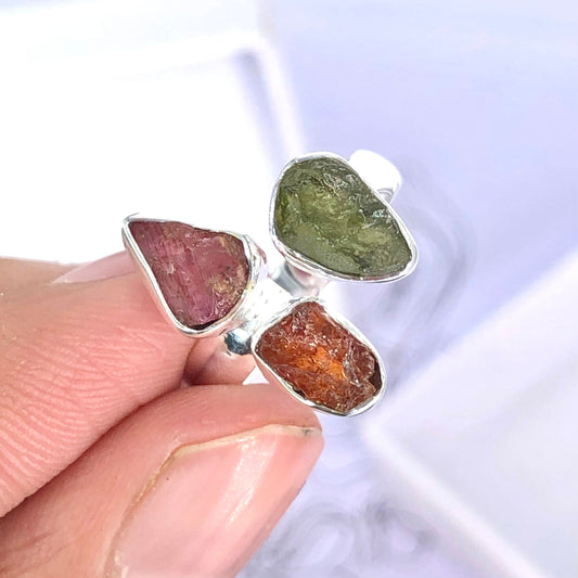 Authetic Raw Moldavite Ring 925 Solid Sterling Silver Czech Republic Moldavite and Pink Tourmaine Gemstone Women's Ring