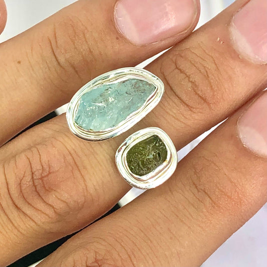 Authetic Czech Republic Moldavite And Aquamarine Gemstone 925 Sterling Silver Adjustable Women's Ring