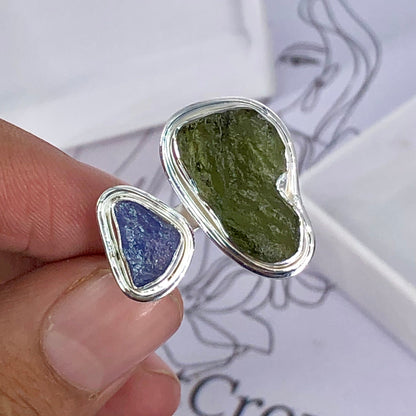 925 Sterling Silver Moldavite and Tanzanite Gemstone 925 Sterling Silver Ring Authentic Czech Republic Moldavite Jewelry