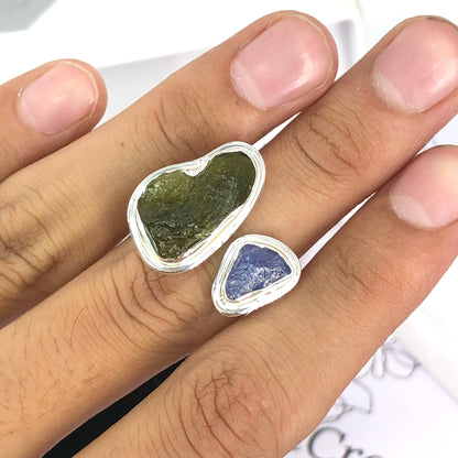 925 Sterling Silver Moldavite and Tanzanite Gemstone 925 Sterling Silver Ring Authentic Czech Republic Moldavite Jewelry