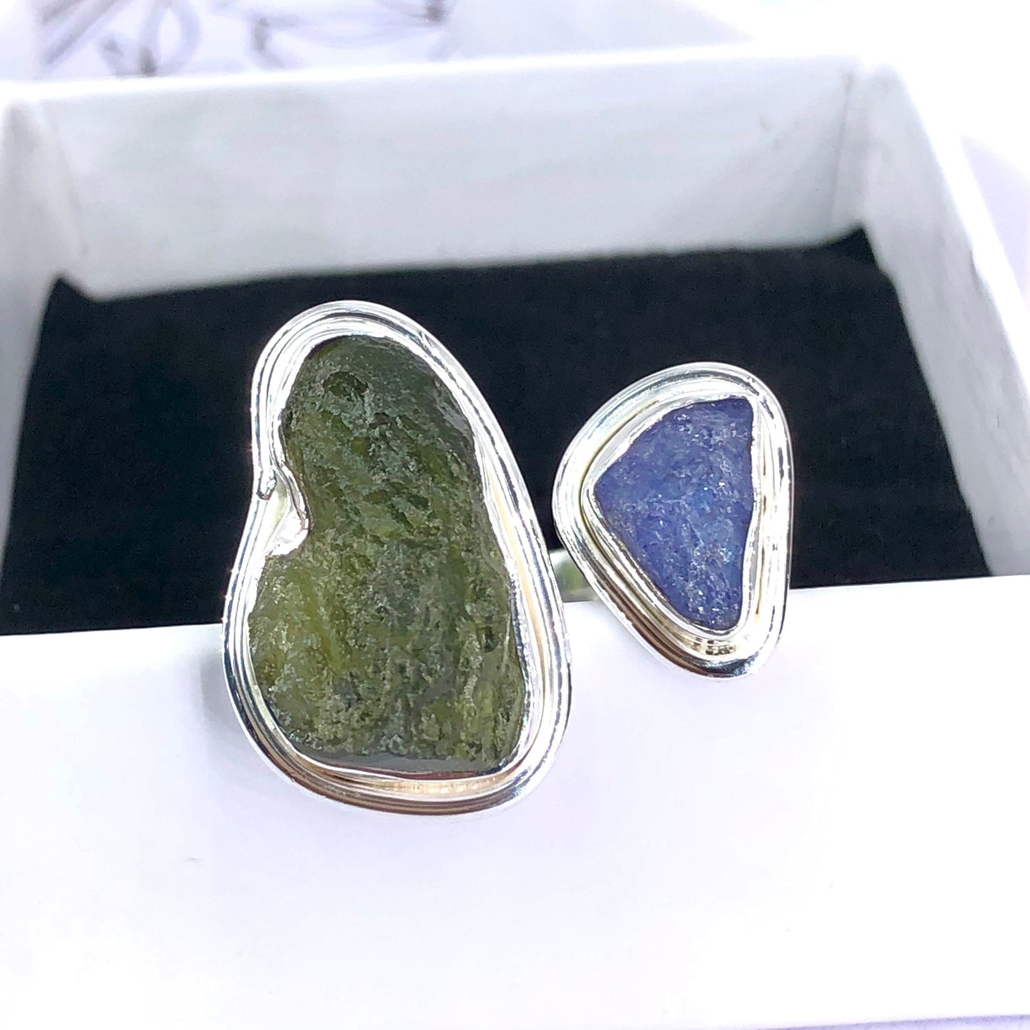 925 Sterling Silver Moldavite and Tanzanite Gemstone 925 Sterling Silver Ring Authentic Czech Republic Moldavite Jewelry