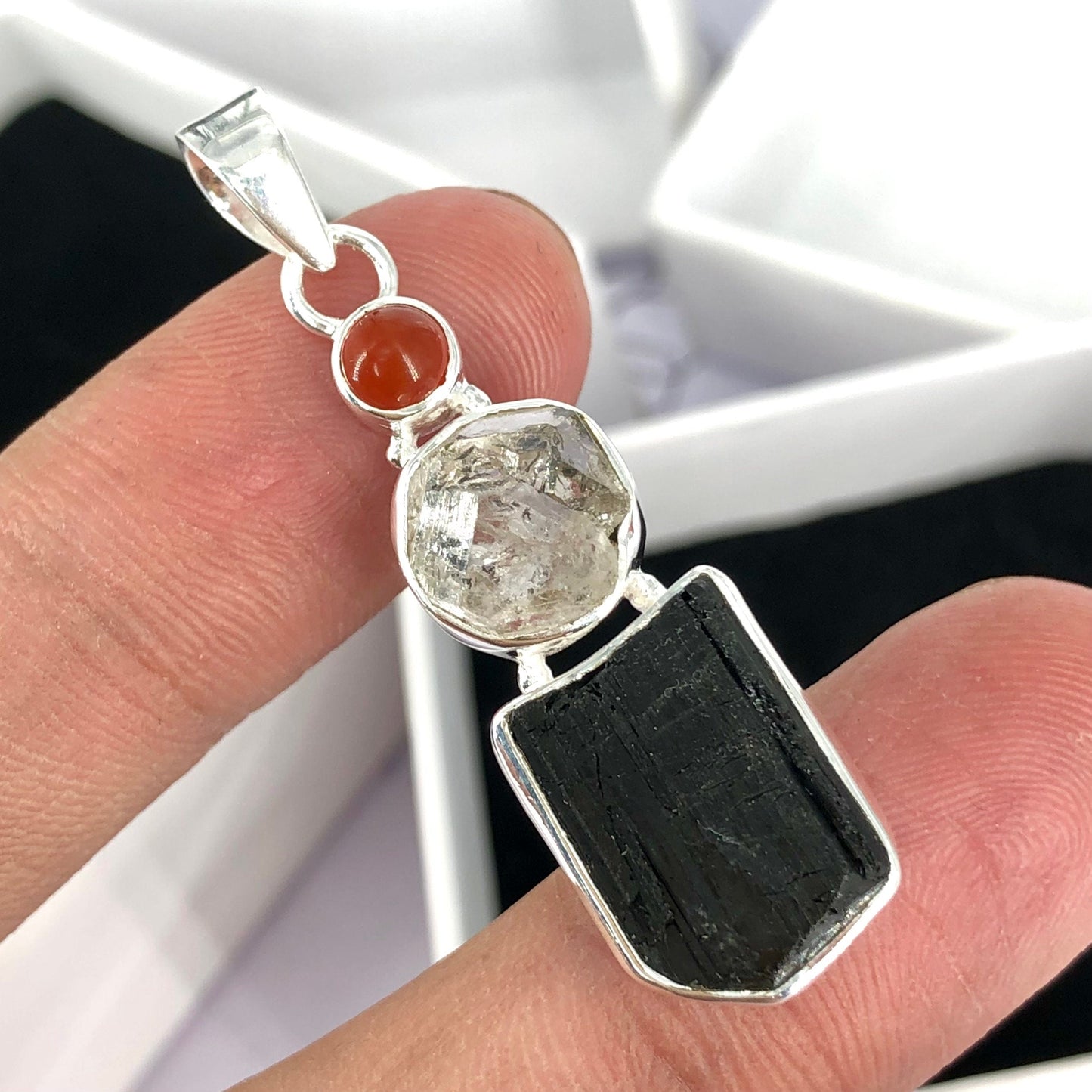 925 Sterling Silver Black Tourmaline, Herkimer Diamond and Carnelian Gemstone Pendant