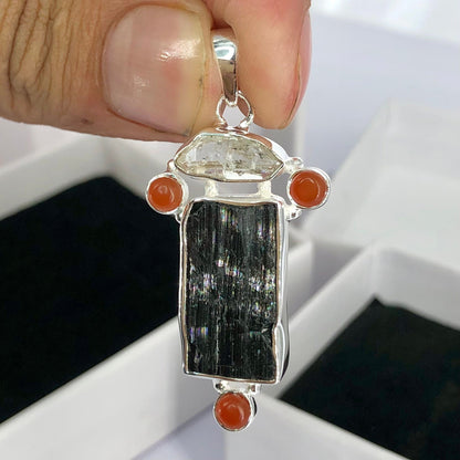 925 Sterling Silver Black Tourmaline, Herkimer Diamond and Carnelian Gemstone Pendant