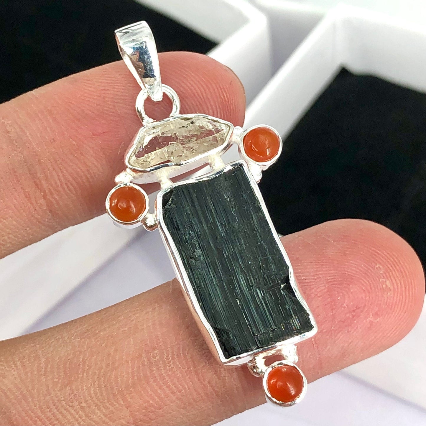 925 Sterling Silver Black Tourmaline, Herkimer Diamond and Carnelian Gemstone Pendant