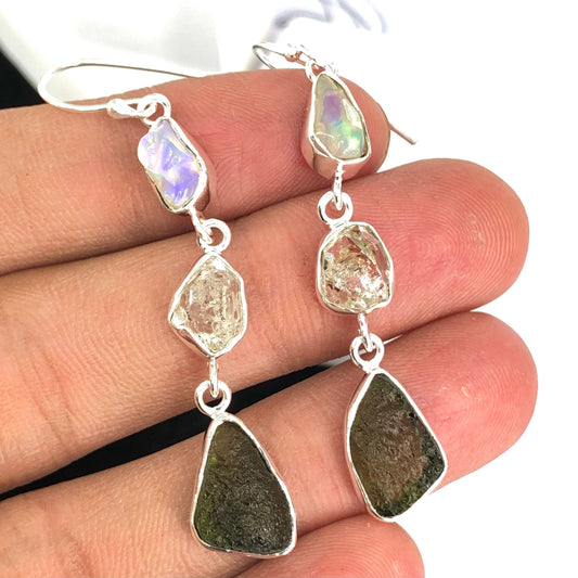 925 Sterling Silver Czech Moldavite Earrings Jewelry Rough Herkimer Diamond And Opal Women's Earrings