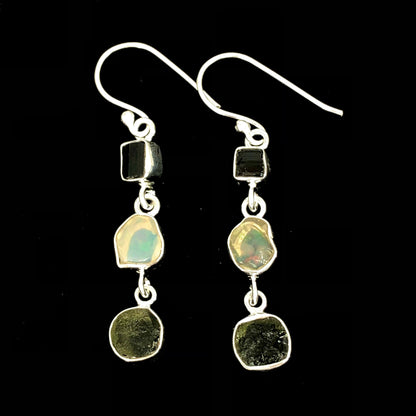 925 Sterling Silver Moldavite, Black Tourmaline and Opal Gemstone Dangle Earrings