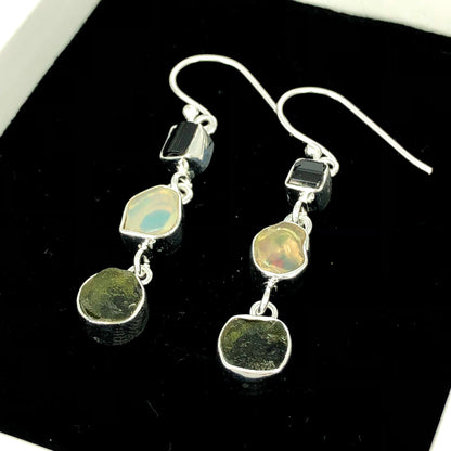 925 Sterling Silver Moldavite, Black Tourmaline and Opal Gemstone Dangle Earrings