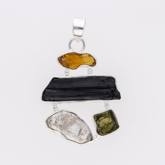 925 Sterling Silver Black Tourmaline, Opal, Herkimer Diamond and Moldavite Pendant Authentic Czech Republic Moldavite Pendant Jewelry