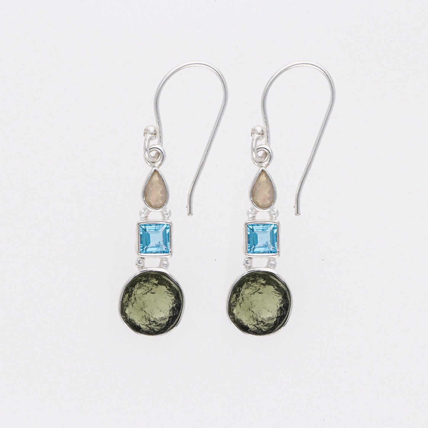 Czech Moldavite Earrings 925 Sterling Silver Opal and Blue Topaz Gemstone Earrings Gift For Her