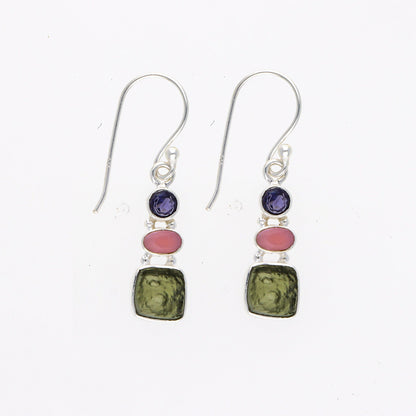 Natural Czech Moldavite Gemstone Earrings Pink Opal and Amethyst Gemstone Women's Drop Dangle Earrings