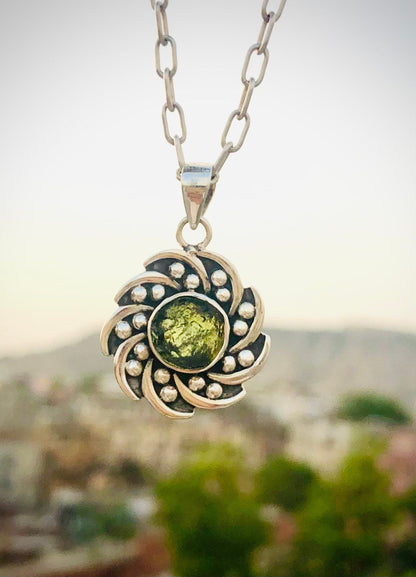 925 Sterling Silver Authentic Czech Republic Round Moldavite Gemstone Pendant