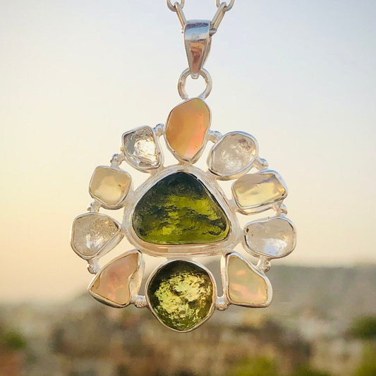 925 Sterling Silver Authentic Moldavite, Herkimer Diamond and Opal Gemstone Pendant