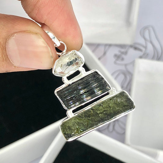 925 Sterling Silver Black Tourmaline, Herkimer Diamond and Moldavite Gemstone Pendant