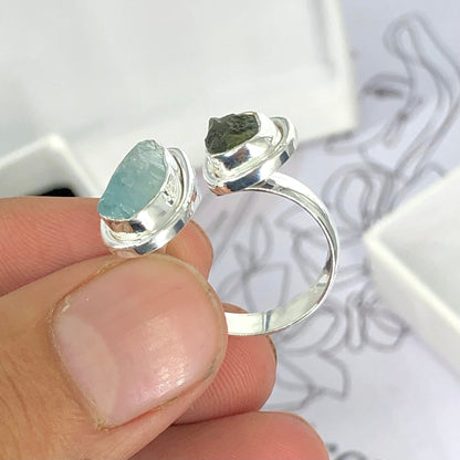 Authetic Czech Republic Moldavite And Aquamarine Gemstone 925 Sterling Silver Adjustable Women's Ring