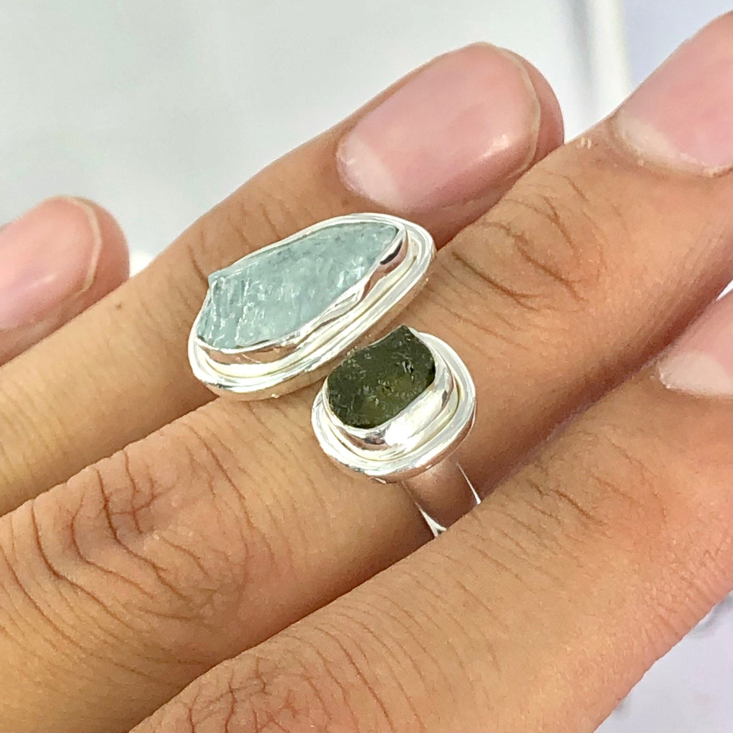 Authetic Czech Republic Moldavite And Aquamarine Gemstone 925 Sterling Silver Adjustable Women's Ring