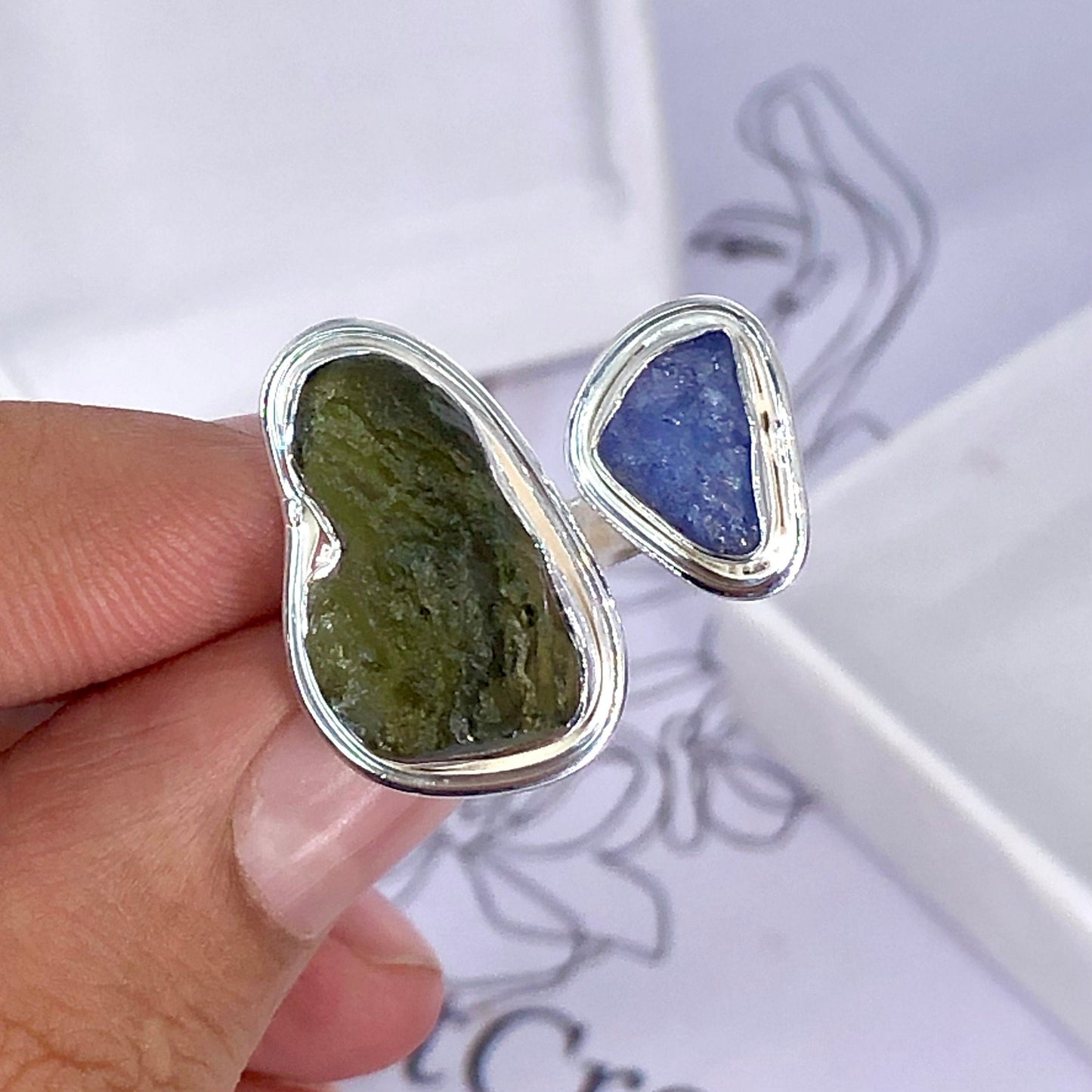 925 Sterling Silver Moldavite and Tanzanite Gemstone 925 Sterling Silver Ring Authentic Czech Republic Moldavite Jewelry