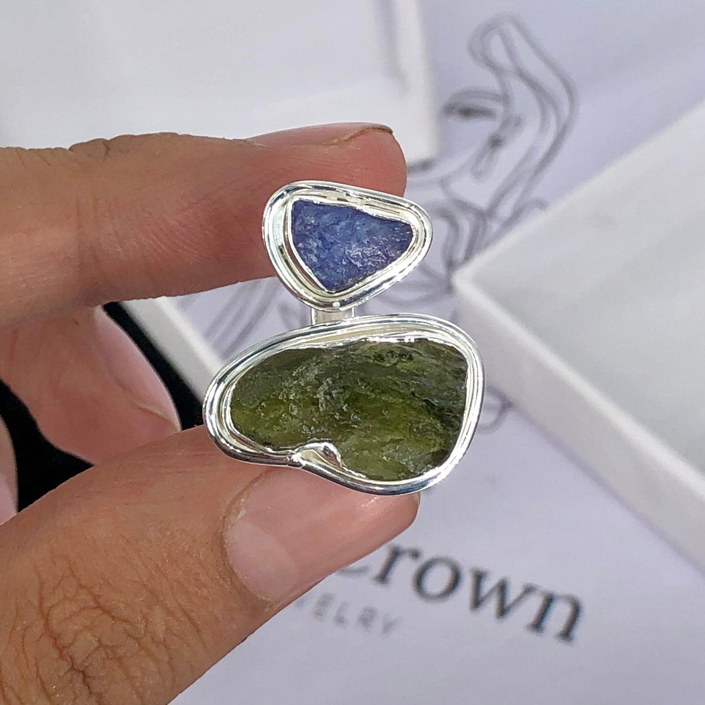 925 Sterling Silver Moldavite and Tanzanite Gemstone 925 Sterling Silver Ring Authentic Czech Republic Moldavite Jewelry