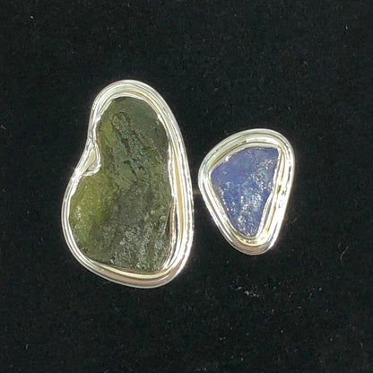 925 Sterling Silver Moldavite and Tanzanite Gemstone 925 Sterling Silver Ring Authentic Czech Republic Moldavite Jewelry