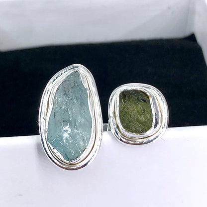 Authetic Czech Republic Moldavite And Aquamarine Gemstone 925 Sterling Silver Adjustable Women's Ring