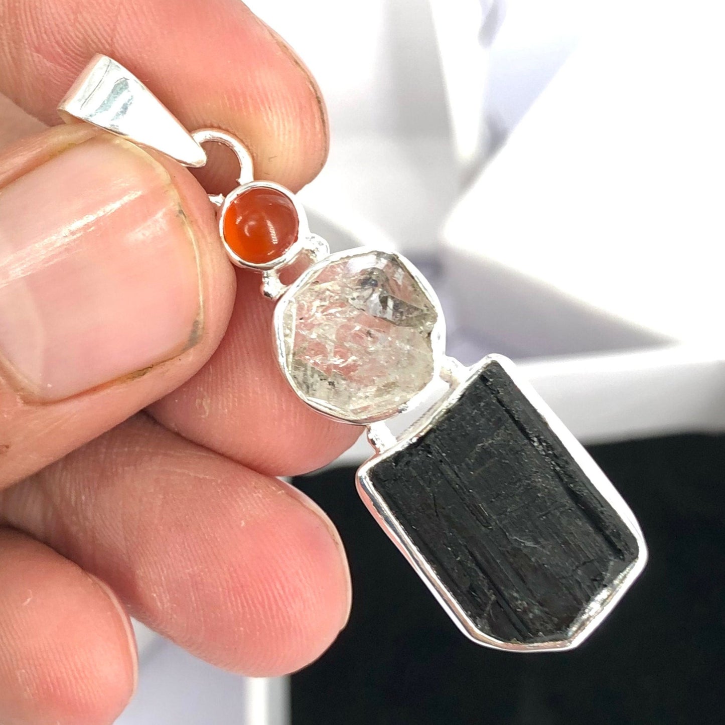 925 Sterling Silver Black Tourmaline, Herkimer Diamond and Carnelian Gemstone Pendant