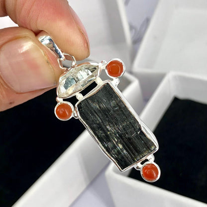 925 Sterling Silver Black Tourmaline, Herkimer Diamond and Carnelian Gemstone Pendant