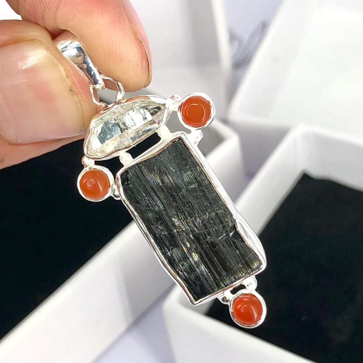 925 Sterling Silver Black Tourmaline, Herkimer Diamond and Carnelian Gemstone Pendant