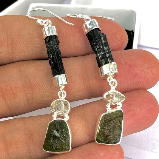 Raw Rough Czech Moldavite Earring Black Tourmaline Gemstone Women's Dangle Earrings