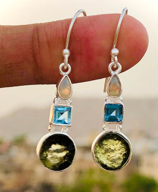 Czech Moldavite Earrings 925 Sterling Silver Opal and Blue Topaz Gemstone Earrings Gift For Her