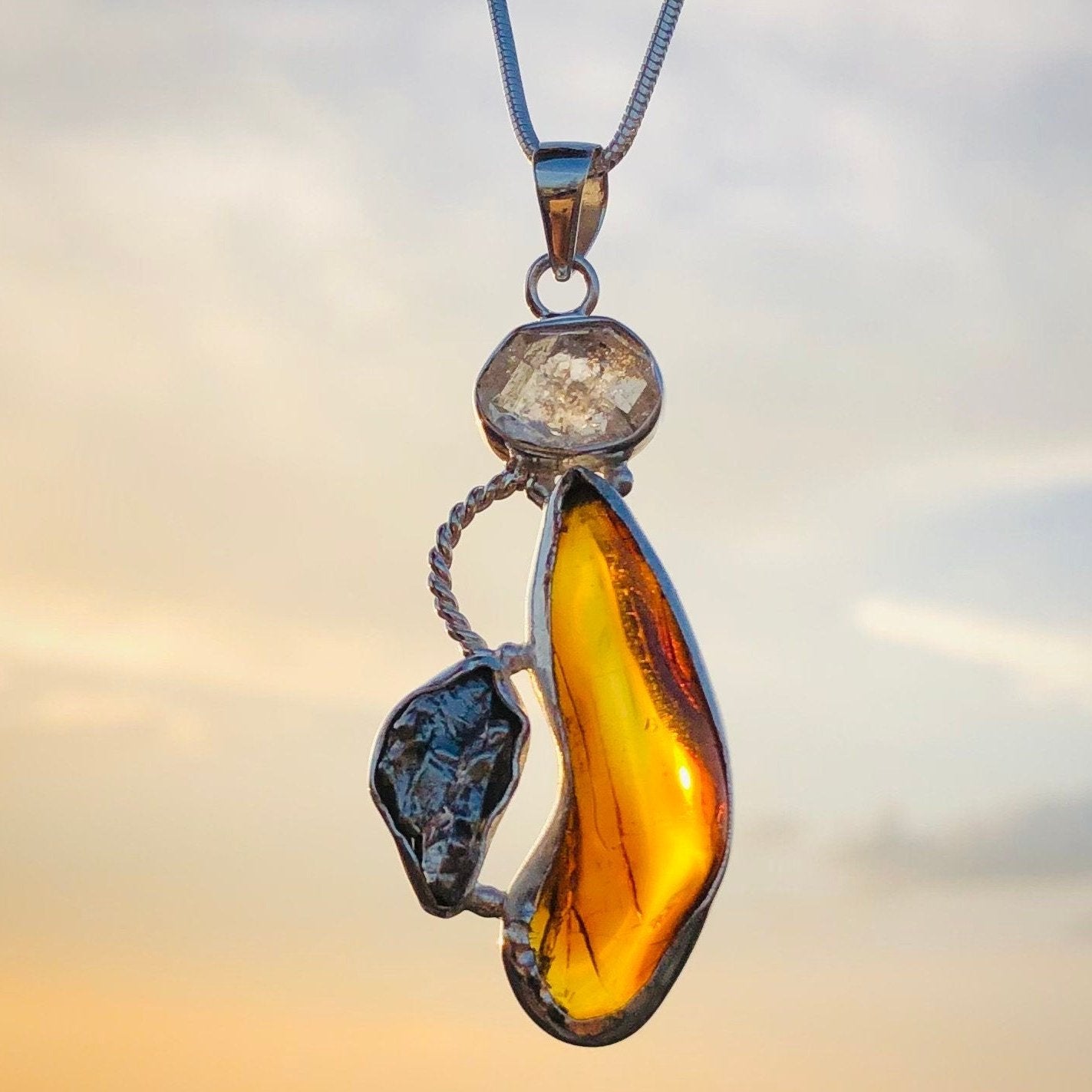 Amber Pendant 925 Sterling Silver Meteroite, Herkimer Diamond and Amber Gemstone Pendant Gift For Her