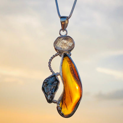 Amber Pendant 925 Sterling Silver Meteroite, Herkimer Diamond and Amber Gemstone Pendant Gift For Her