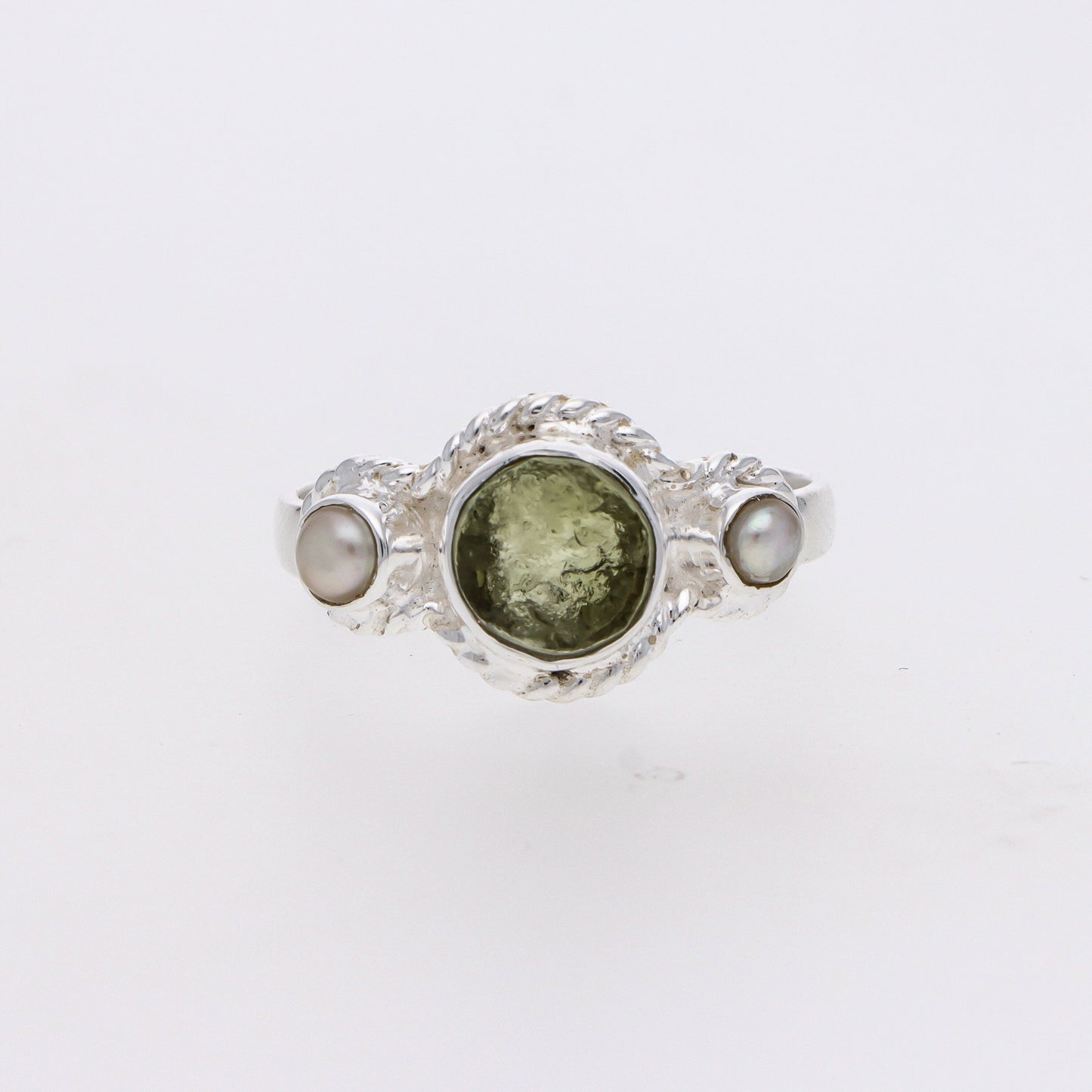 Authentic Czech Moldavite Gemstone Ring 925 Sterling Silver Moldavite and Pearl Gemstone Ring