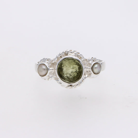 Authentic Czech Moldavite Gemstone Ring 925 Sterling Silver Moldavite and Pearl Gemstone Ring