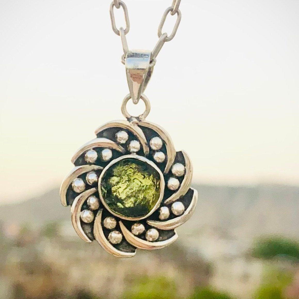 925 Sterling Silver Authentic Czech Republic Round Moldavite Gemstone Pendant