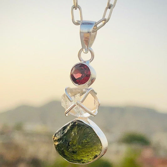 925 Sterling Silver Authentic Moldavite, Red Garnet and Herkimer Diamond Gemstone Women's Pendant Gift For Her