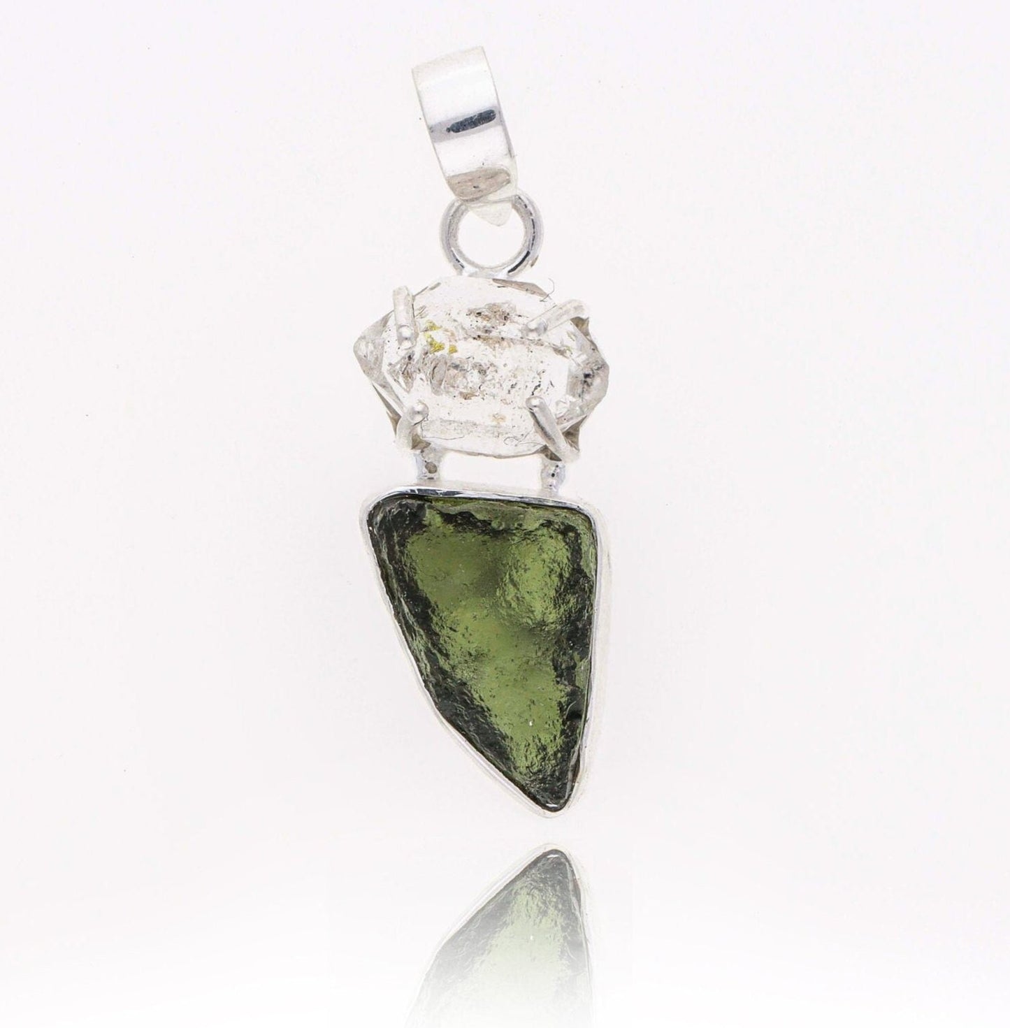 Sterling Silver Authentic Moldavite and Herkimer Diamond Gemstone Pendant Jewelry Gift For Her