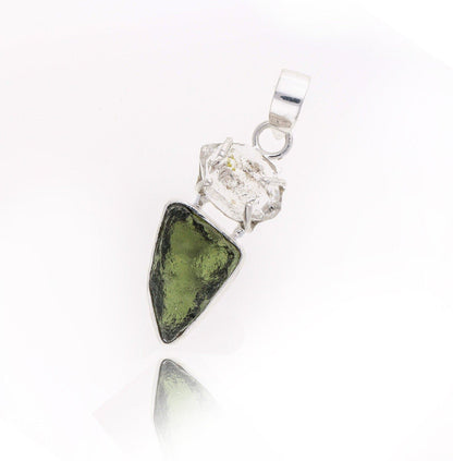 Sterling Silver Authentic Moldavite and Herkimer Diamond Gemstone Pendant Jewelry Gift For Her