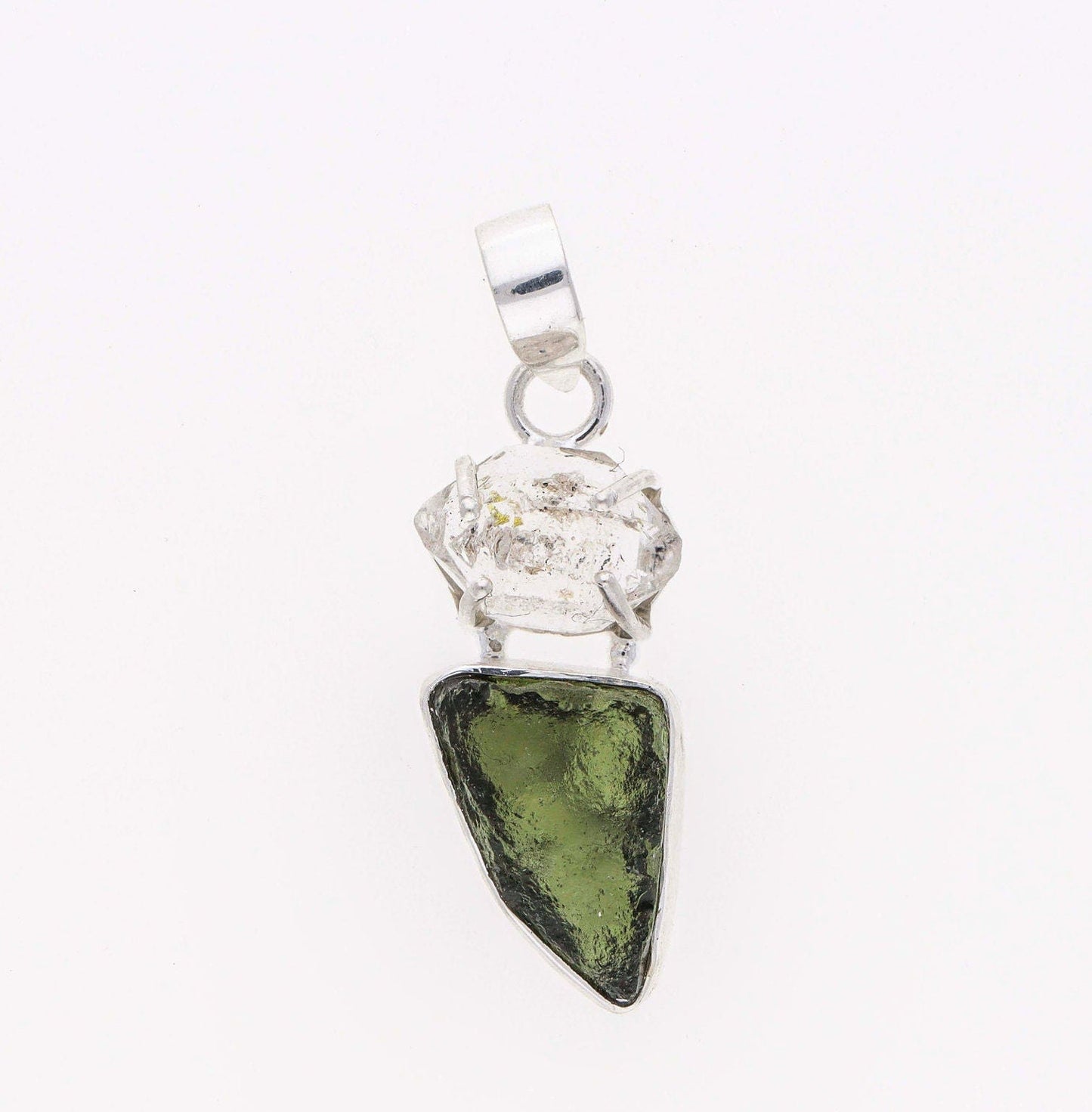 Sterling Silver Authentic Moldavite and Herkimer Diamond Gemstone Pendant Jewelry Gift For Her