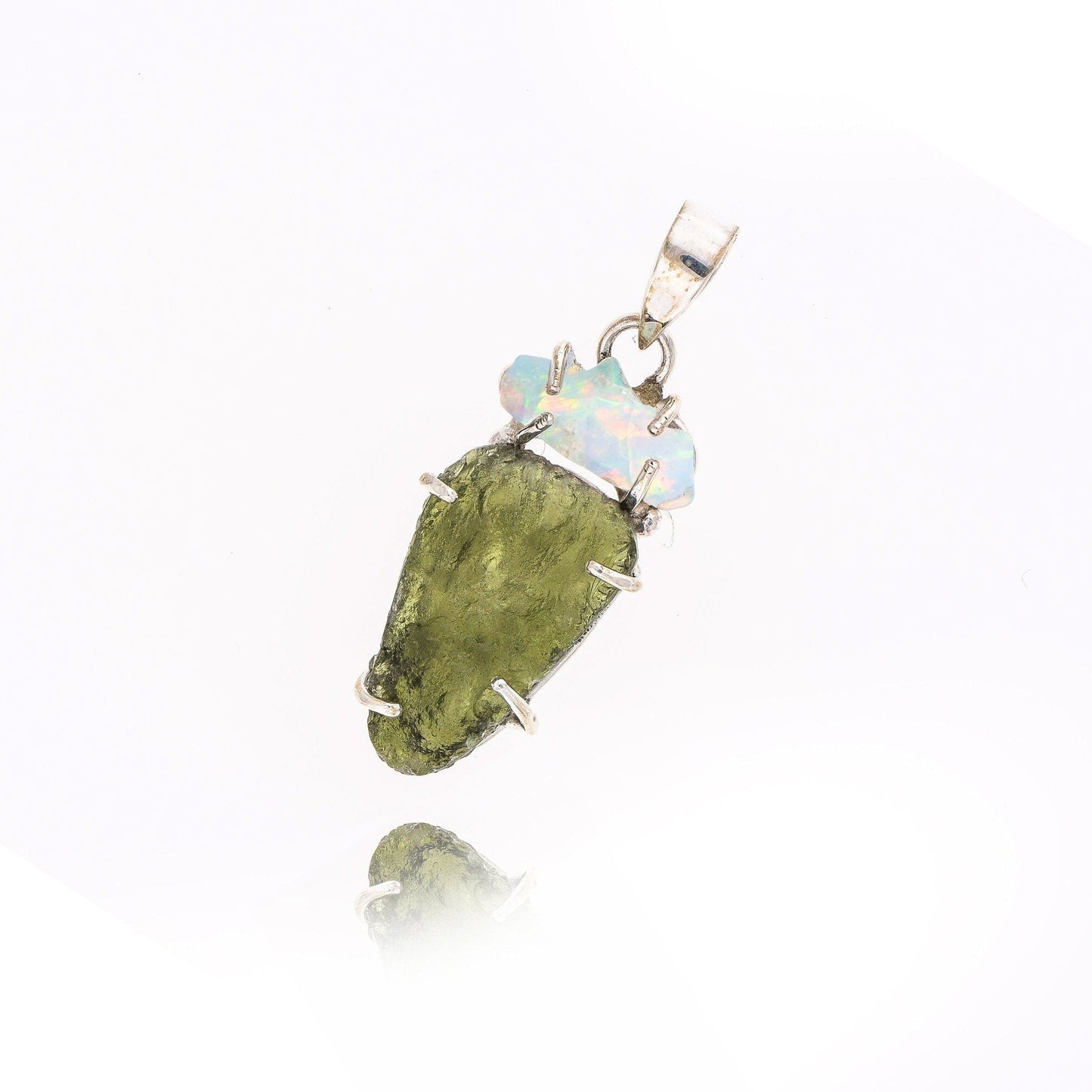 925 Sterling Silver Authentic Moldavite and Opal Gemstone Women's Pendant Gift For Her