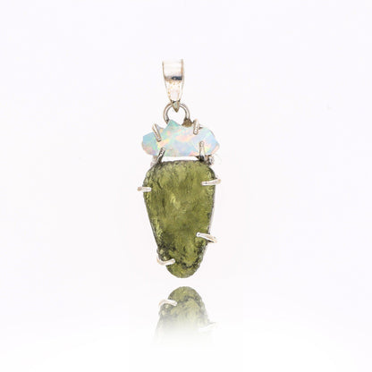 925 Sterling Silver Authentic Moldavite and Opal Gemstone Women's Pendant Gift For Her