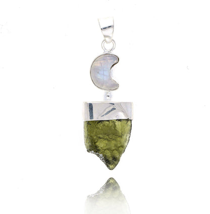 925 Sterling Silver Authentic Moldavite and Moonstone Pendant Moon Design Pendant