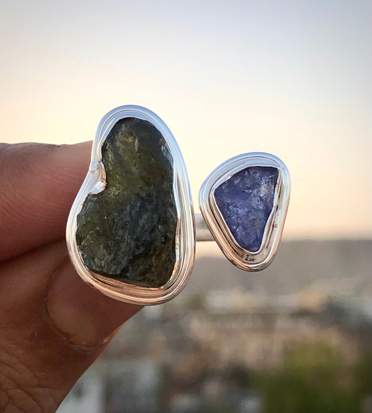 925 Sterling Silver Moldavite and Tanzanite Gemstone 925 Sterling Silver Ring Authentic Czech Republic Moldavite Jewelry