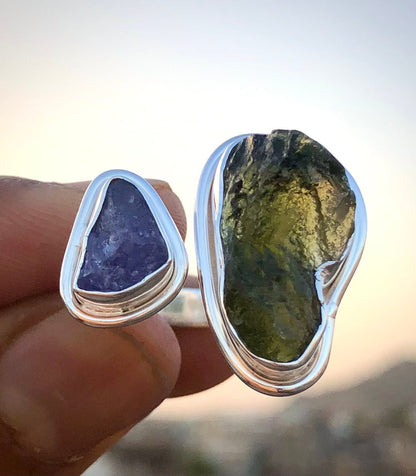 925 Sterling Silver Moldavite and Tanzanite Gemstone 925 Sterling Silver Ring Authentic Czech Republic Moldavite Jewelry