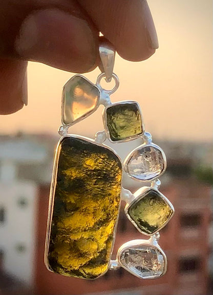 Authentic Moldavite, Herkimer Diamond And Opal Gemstone 925 Silver Pendant Jewelry