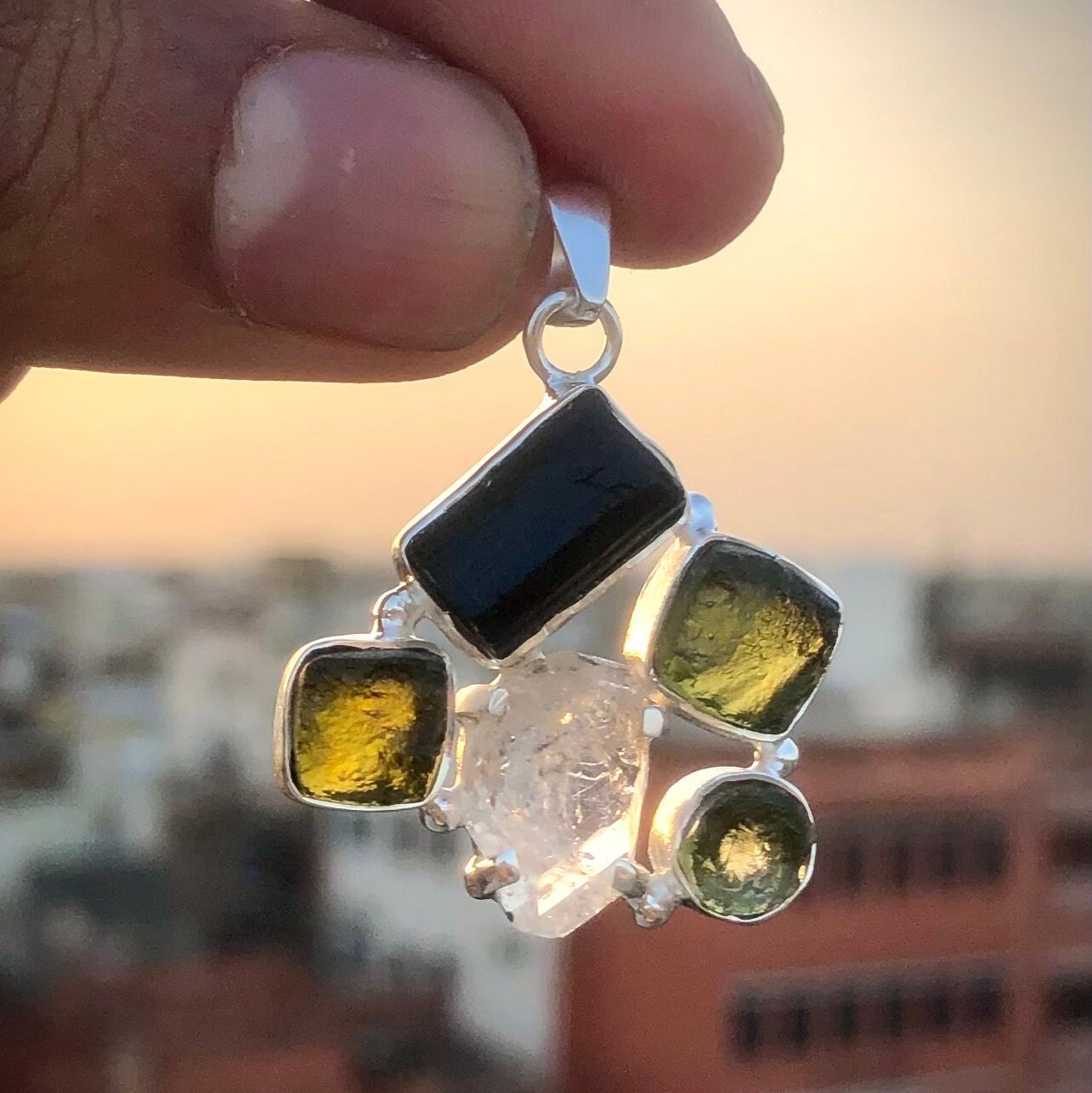 Czech Republic Moldavite Pendant 925 Sterling Silver Moldavite. Herkimer Diamond and Black Tourmaline Gemstone Pendant Jewelry