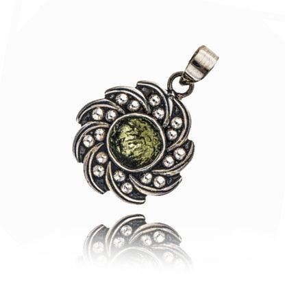 925 Sterling Silver Authentic Czech Republic Round Moldavite Gemstone Pendant