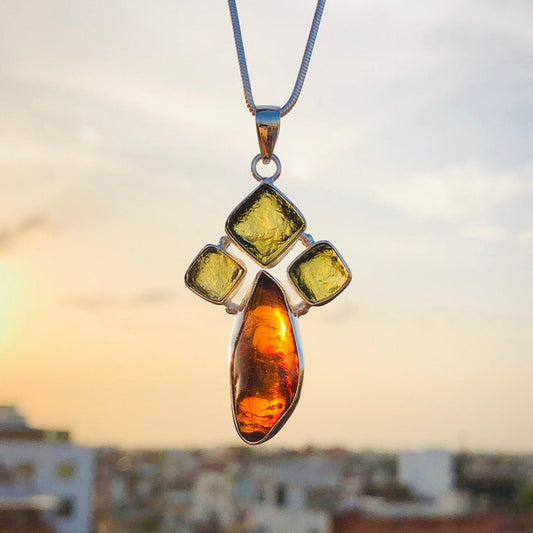 925 Sterling Silver Authentic Moldavite and Amber Gemstone Pendant