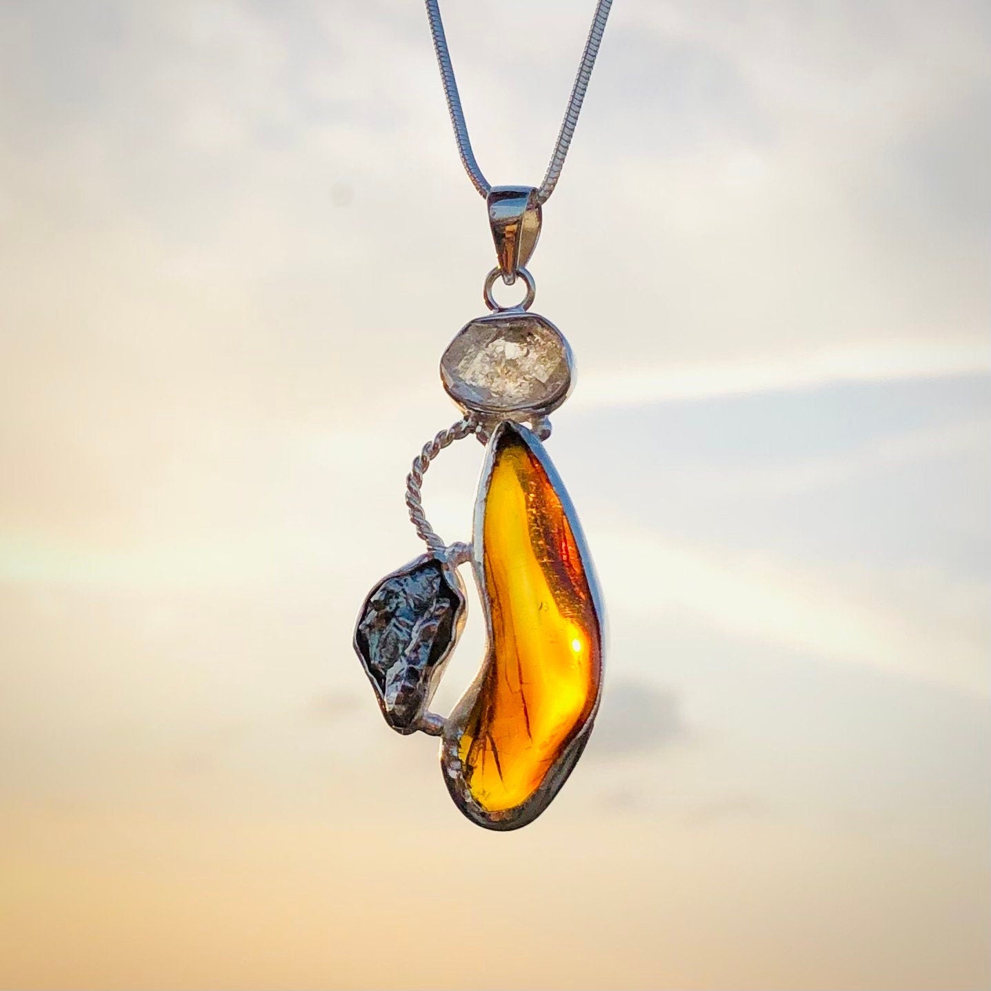 Amber Pendant 925 Sterling Silver Meteroite, Herkimer Diamond and Amber Gemstone Pendant Gift For Her