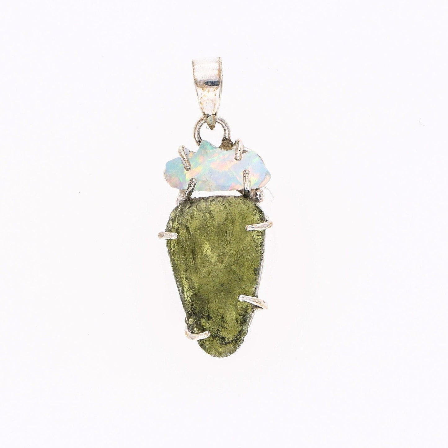 925 Sterling Silver Authentic Moldavite and Opal Gemstone Women's Pendant Gift For Her